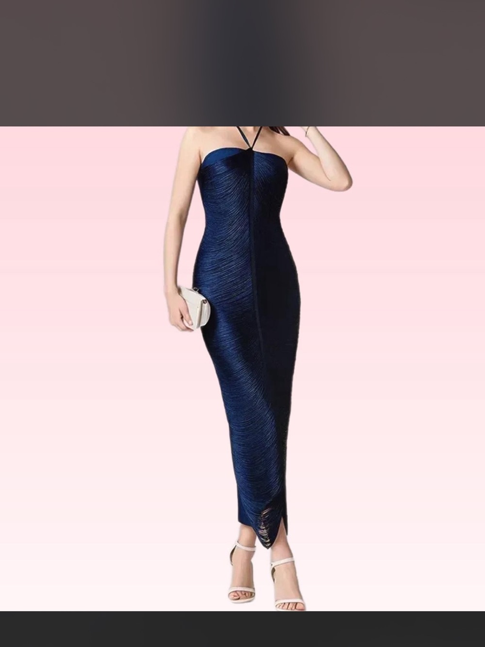Curve-Hugging Navy Strapless Maxi Dress with Front Detail